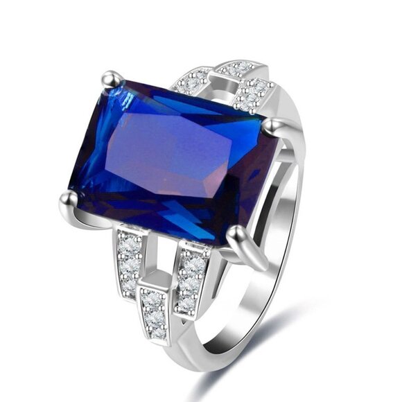 💍 Trendy Radiant Royal Blue Pure Gemstone Zircon Rings for Women, EVGG1230 - Picture 3 of 7